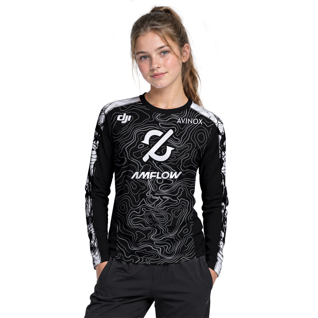 AMFLOW Avinox Black Topographic Youth Long Sleeve Mountain Bike Jersey – Girl Lifestyle View
