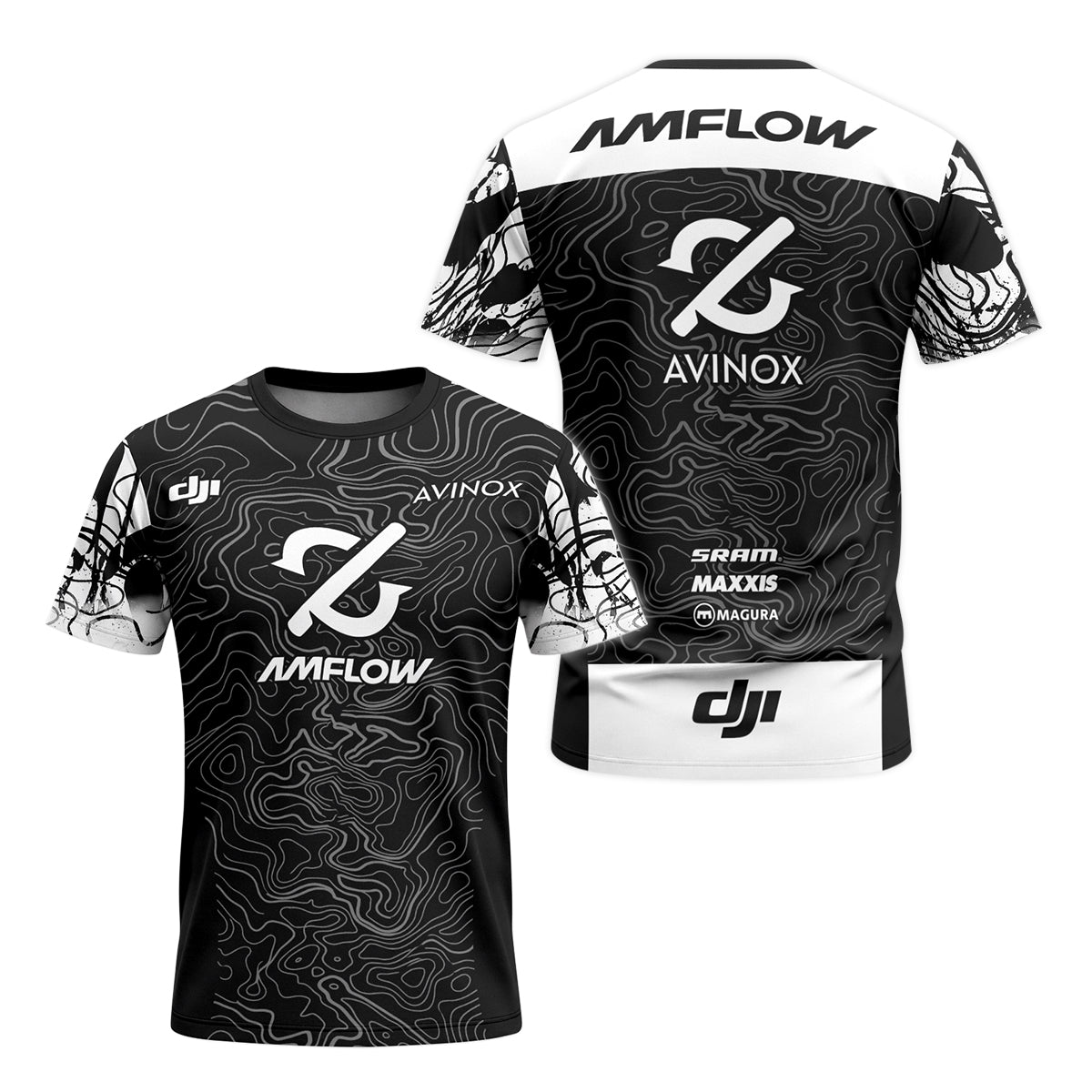 AMFLOW Avinox Black Topographic Youth Short Sleeve Mountain Bike Jersey – Front and Back View