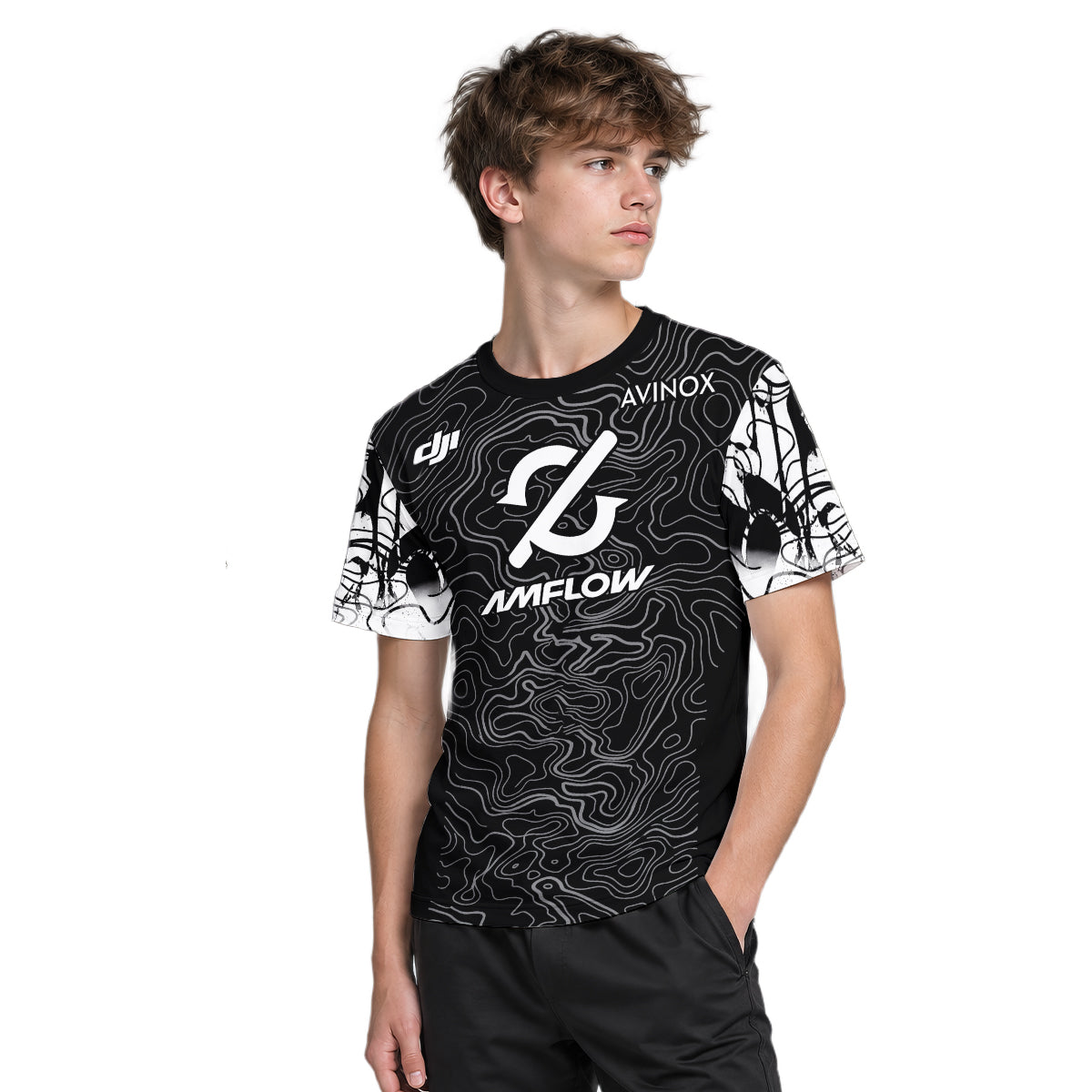 AMFLOW Avinox Black Topographic Youth Short Sleeve Mountain Bike Jersey – Boy Lifestyle View