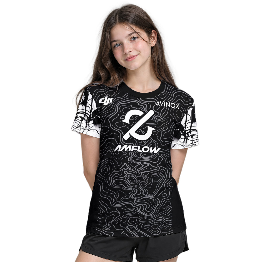 AMFLOW Avinox Black Topographic Youth Short Sleeve Mountain Bike Jersey – Boy Lifestyle View