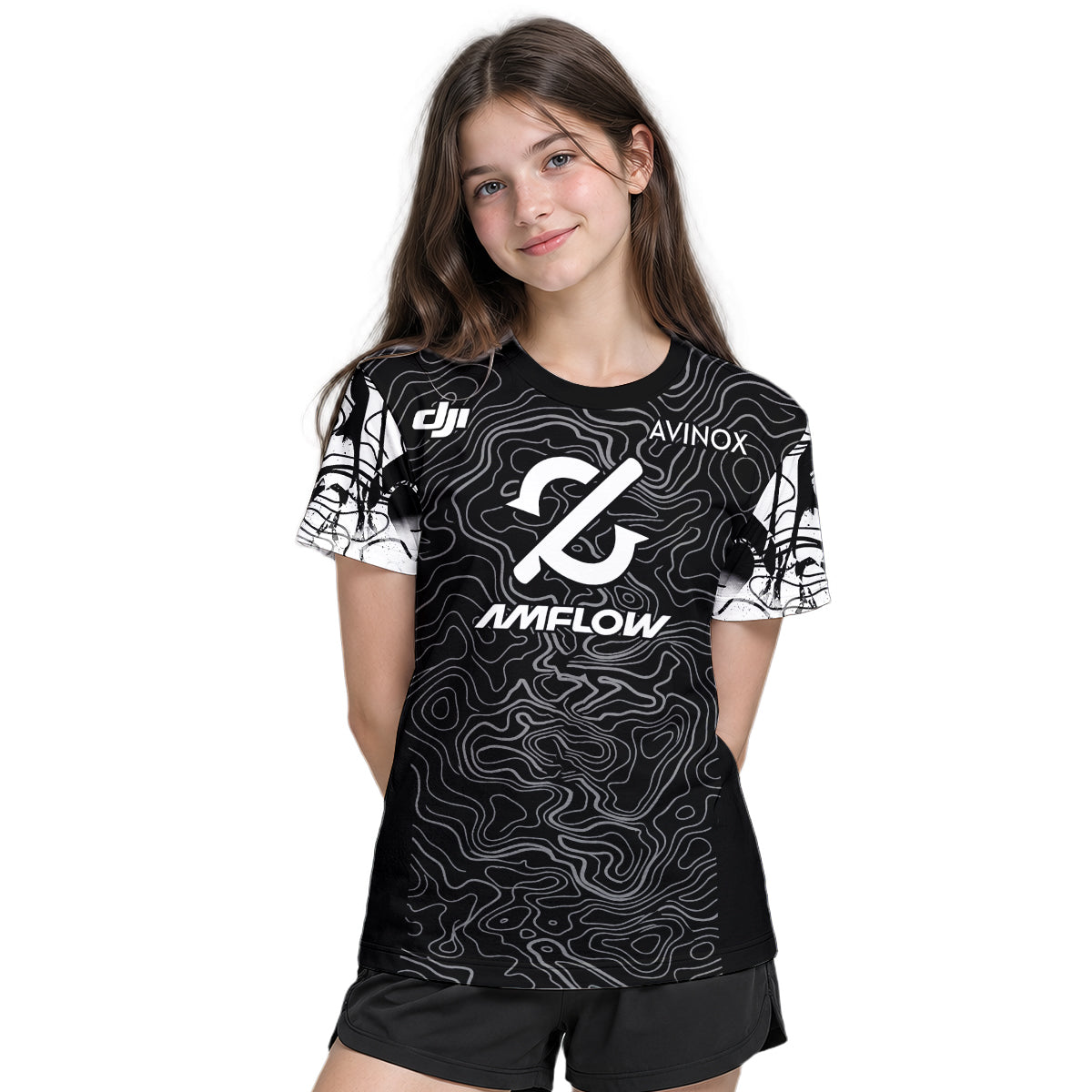 AMFLOW Avinox Black Topographic Youth Short Sleeve Mountain Bike Jersey – Girl Lifestyle View