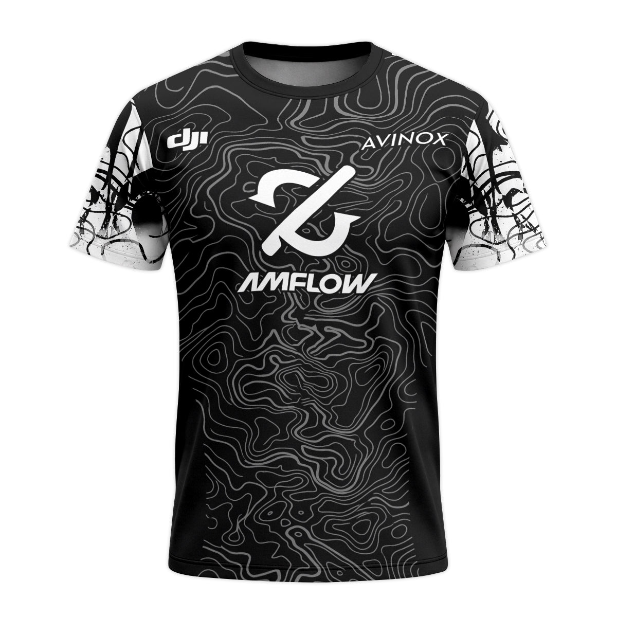 AMFLOW Avinox Black Topographic Youth Short Sleeve Mountain Bike Jersey – Front View Mockup