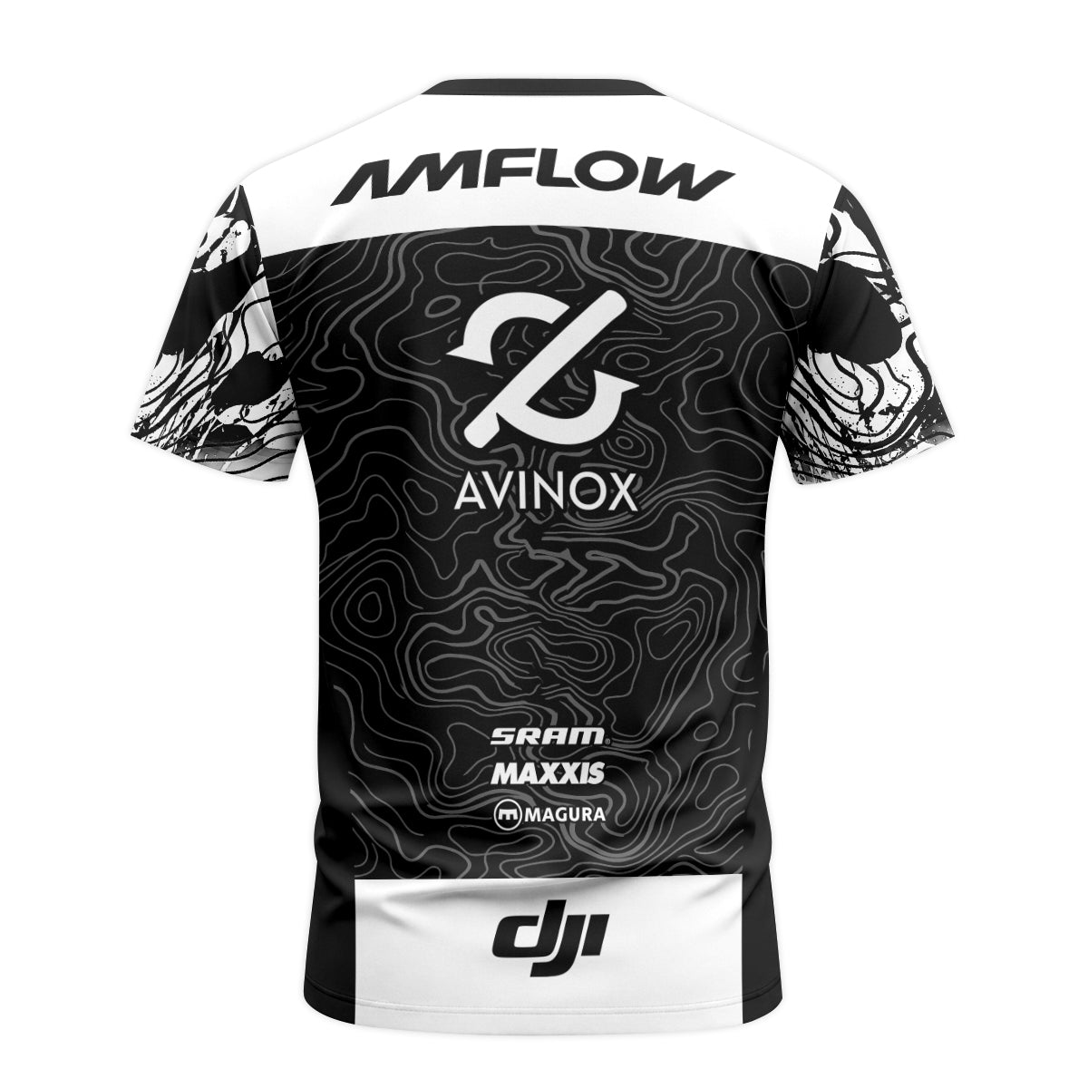 AMFLOW Avinox Black Topographic Youth Short Sleeve Mountain Bike Jersey – Back View Mockup