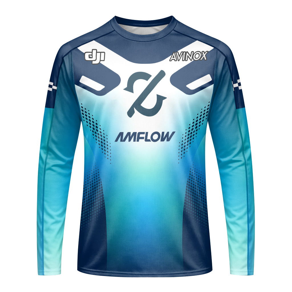 Amflow Avinox Blue White Factory Racing Long Sleeve Mountain Bike Jersey – Front View Mockup