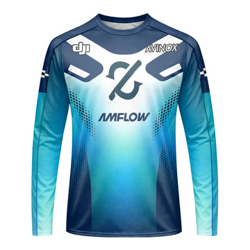 Amflow Avinox Blue White Factory Racing Long Sleeve Mountain Bike Jersey – Front View Mockup
