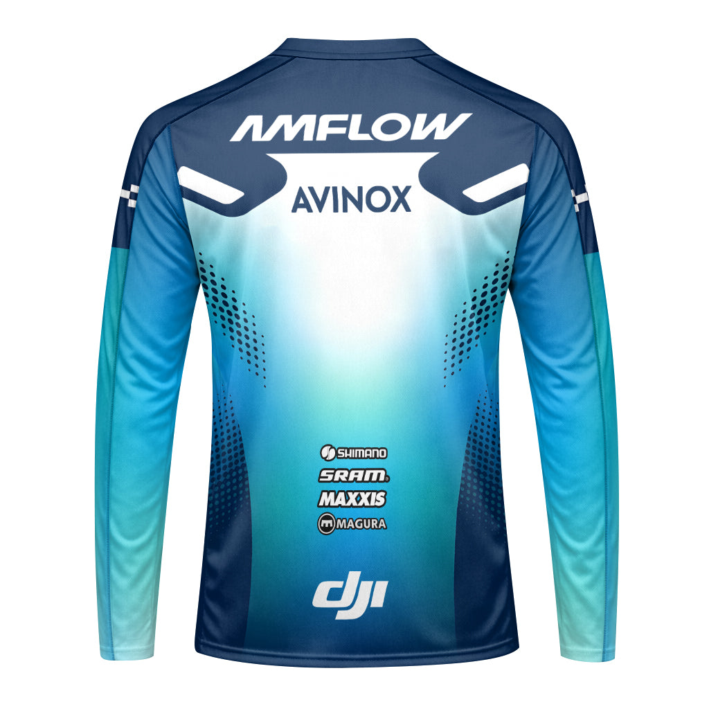 Amflow Avinox Blue White Factory Racing Long Sleeve Mountain Bike Jersey – Back View Mockup