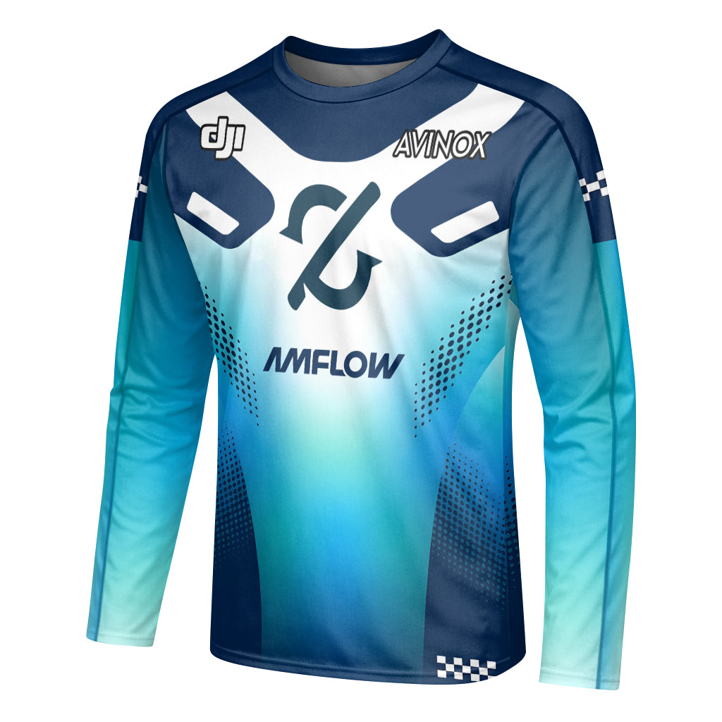Amflow Avinox Blue White Factory Racing Long Sleeve Mountain Bike Jersey – Left Side View Mockup