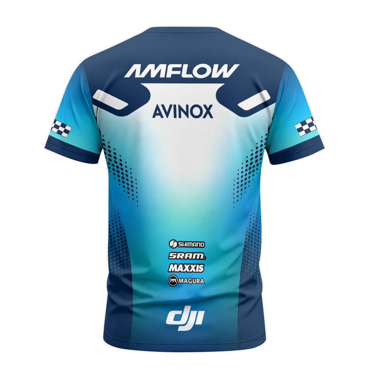 Amflow Avinox Blue White Factory Racing Short Sleeve Mountain Bike Jersey – Back View Mockup