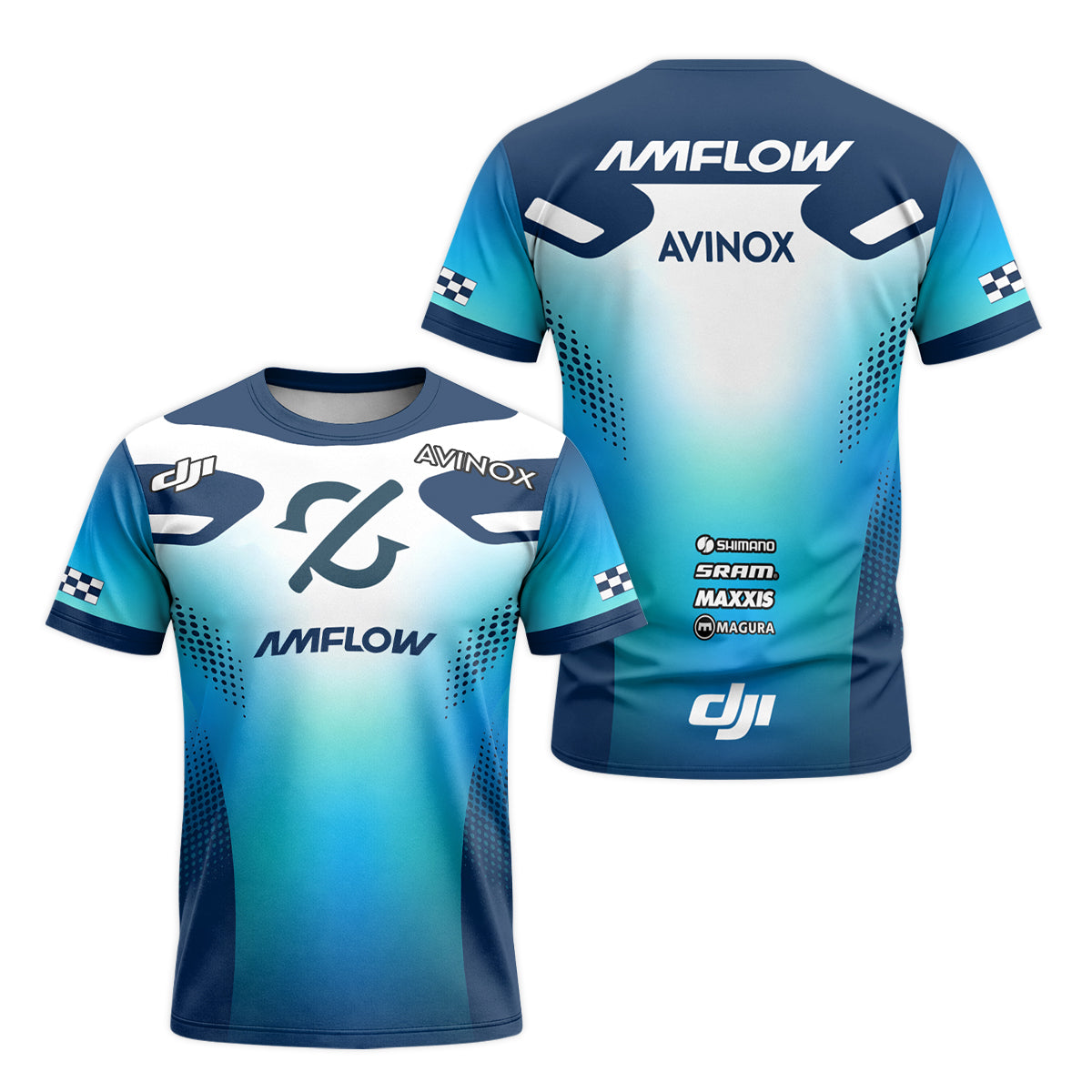 Amflow Avinox Blue White Factory Racing Short Sleeve Mountain Bike Jersey – Front and Back View