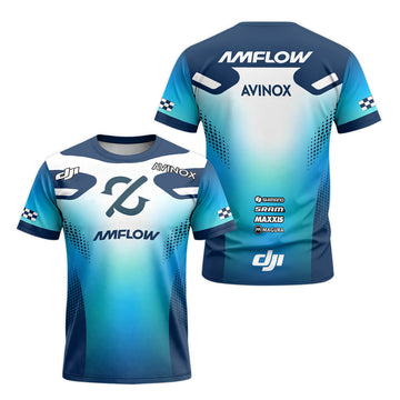 Amflow Avinox Blue White Factory Racing Short Sleeve Mountain Bike Jersey – Front and Back View