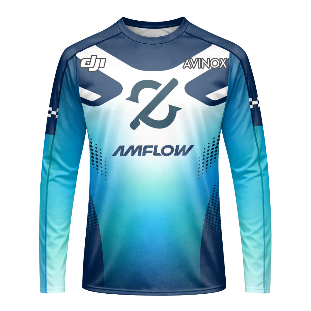 Amflow Avinox Blue White Factory Racing Youth Long Sleeve Mountain Bike Jersey – Front View Mockup