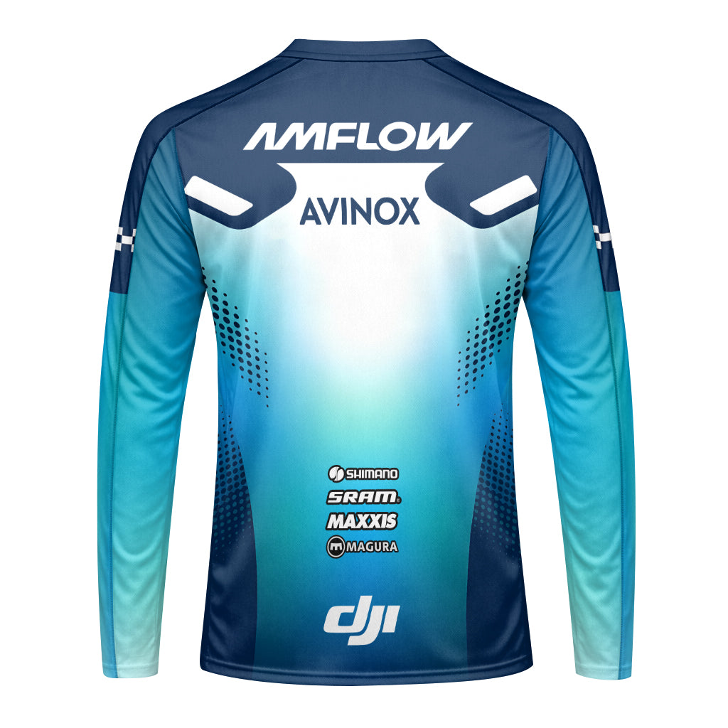 Amflow Avinox Blue White Factory Racing Youth Long Sleeve Mountain Bike Jersey – Back View Mockup