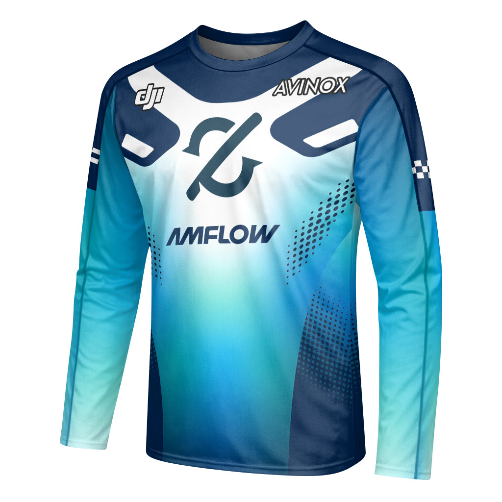 Amflow Avinox Blue White Factory Racing Youth Long Sleeve Mountain Bike Jersey – Left Side View Mockup