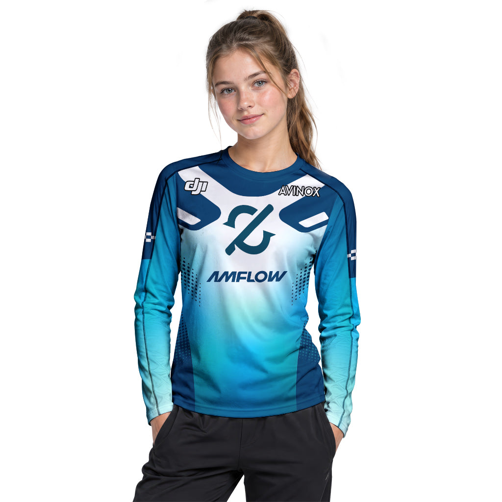 Amflow Avinox Blue White Factory Racing Youth Long Sleeve Mountain Bike Jersey – Girl Lifestyle View