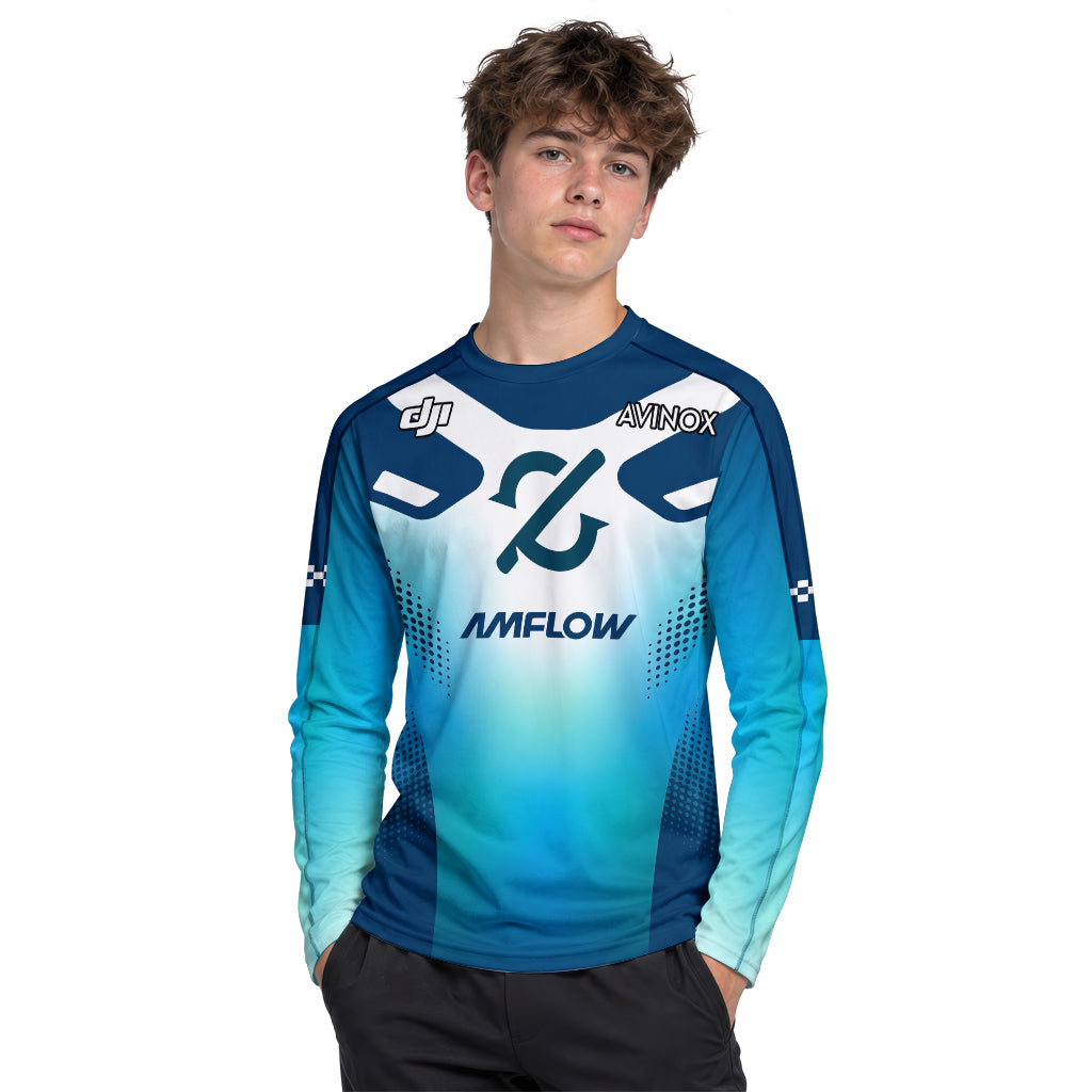 Amflow Avinox Blue White Factory Racing Youth Long Sleeve Mountain Bike Jersey – Boy Lifestyle View