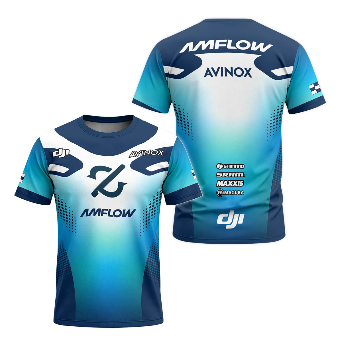 Amflow Avinox Blue White Factory Racing Youth Short Sleeve Mountain Bike Jersey – Front and Back View