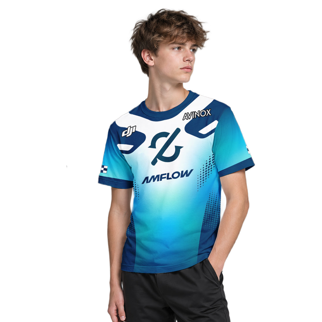 Amflow Avinox Blue White Factory Racing Youth Short Sleeve Mountain Bike Jersey – Boy Lifestyle View