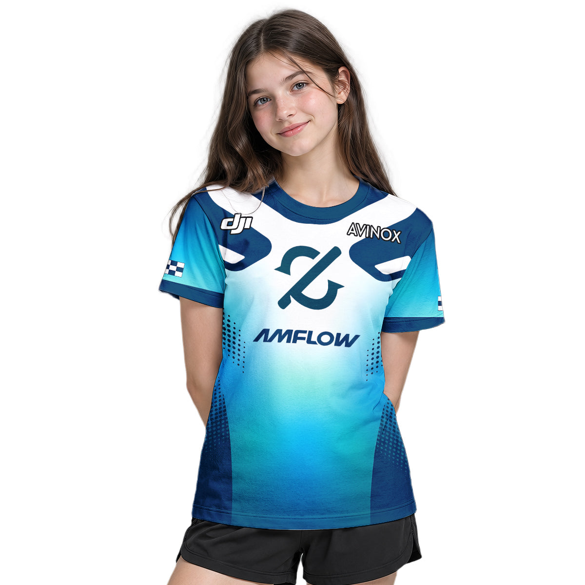 Amflow Avinox Blue White Factory Racing Youth Short Sleeve Mountain Bike Jersey – Girl Lifestyle View