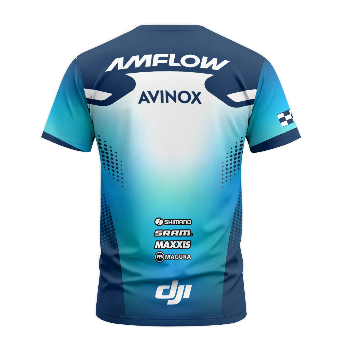 Amflow Avinox Blue White Factory Racing Youth Short Sleeve Mountain Bike Jersey – Back View Mockup