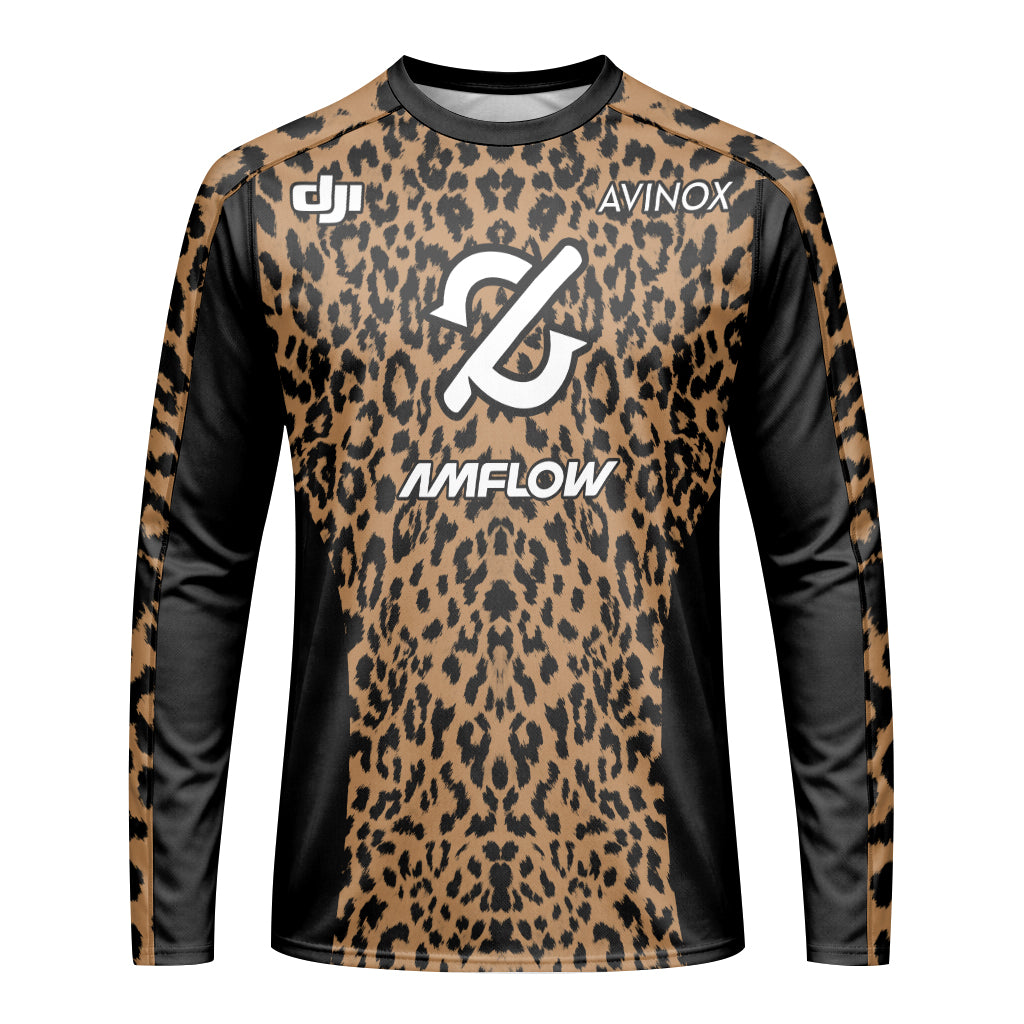 AMFLOW AVINOX Brown Black Leopard Long Sleeve Mountain Bike Jersey – Front View Mockup