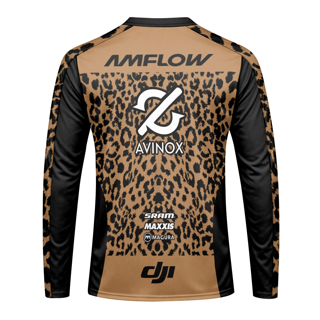 AMFLOW AVINOX Brown Black Leopard Long Sleeve Mountain Bike Jersey – Back View Mockup