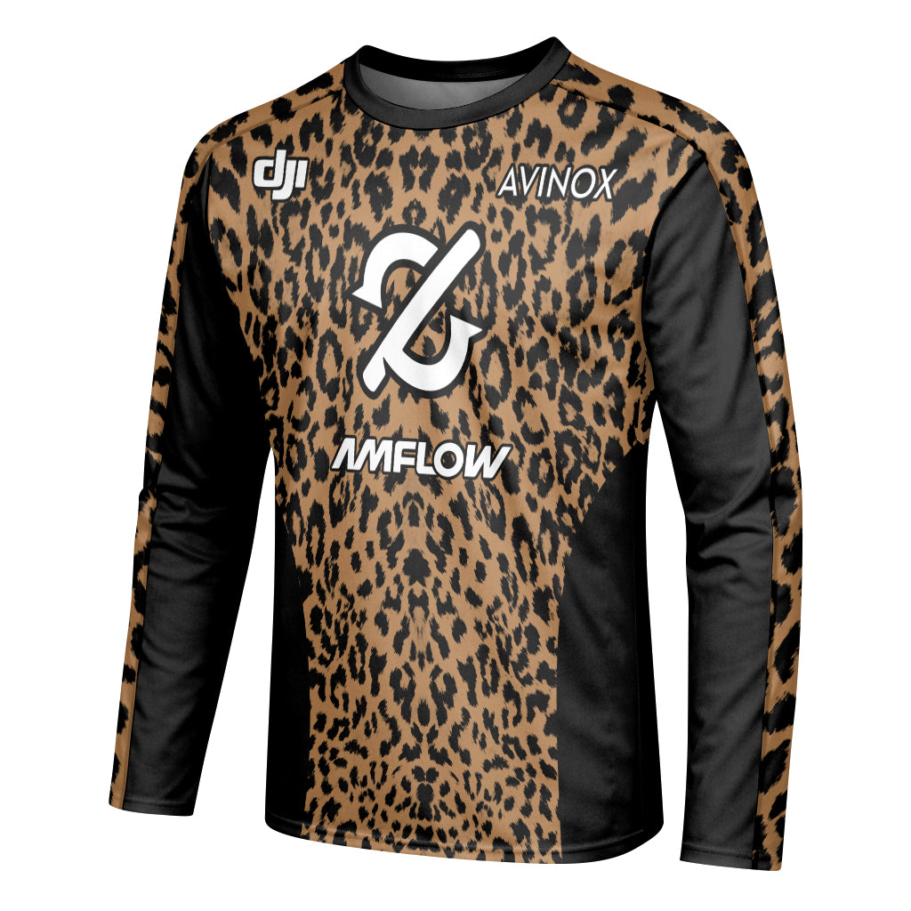 AMFLOW AVINOX Brown Black Leopard Long Sleeve Mountain Bike Jersey – Left Side View Mockup