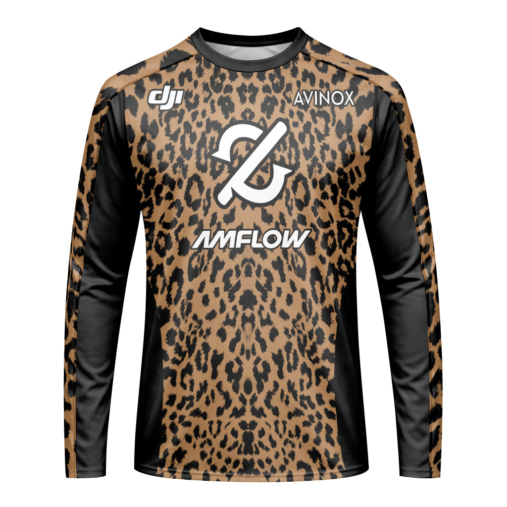 AMFLOW AVINOX Brown Black Leopard Youth Long Sleeve Mountain Bike Jersey – Front View Mockup