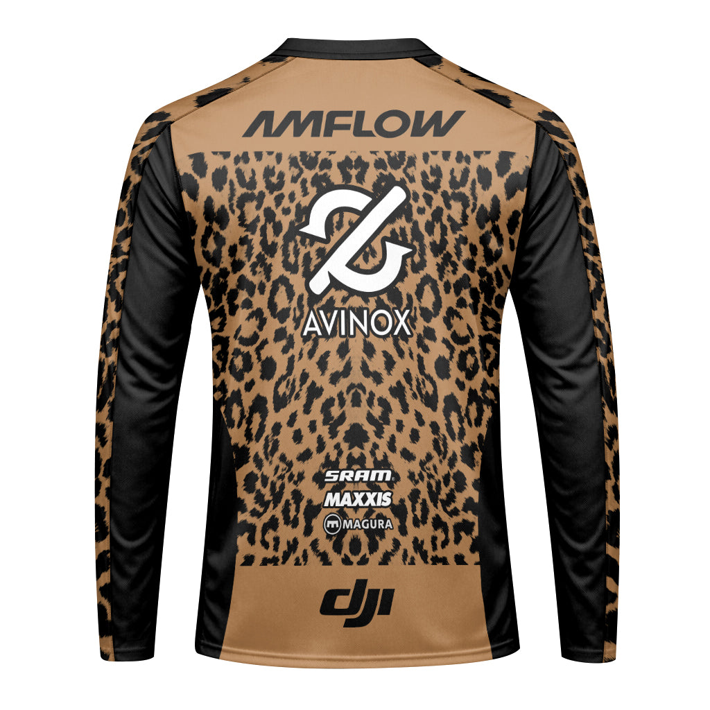 AMFLOW AVINOX Brown Black Leopard Youth Long Sleeve Mountain Bike Jersey – Back View Mockup