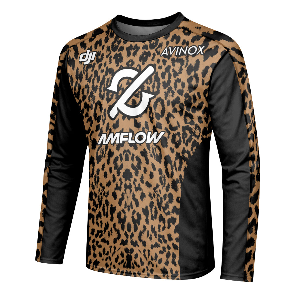 AMFLOW AVINOX Brown Black Leopard Youth Long Sleeve Mountain Bike Jersey – Left Side View Mockup