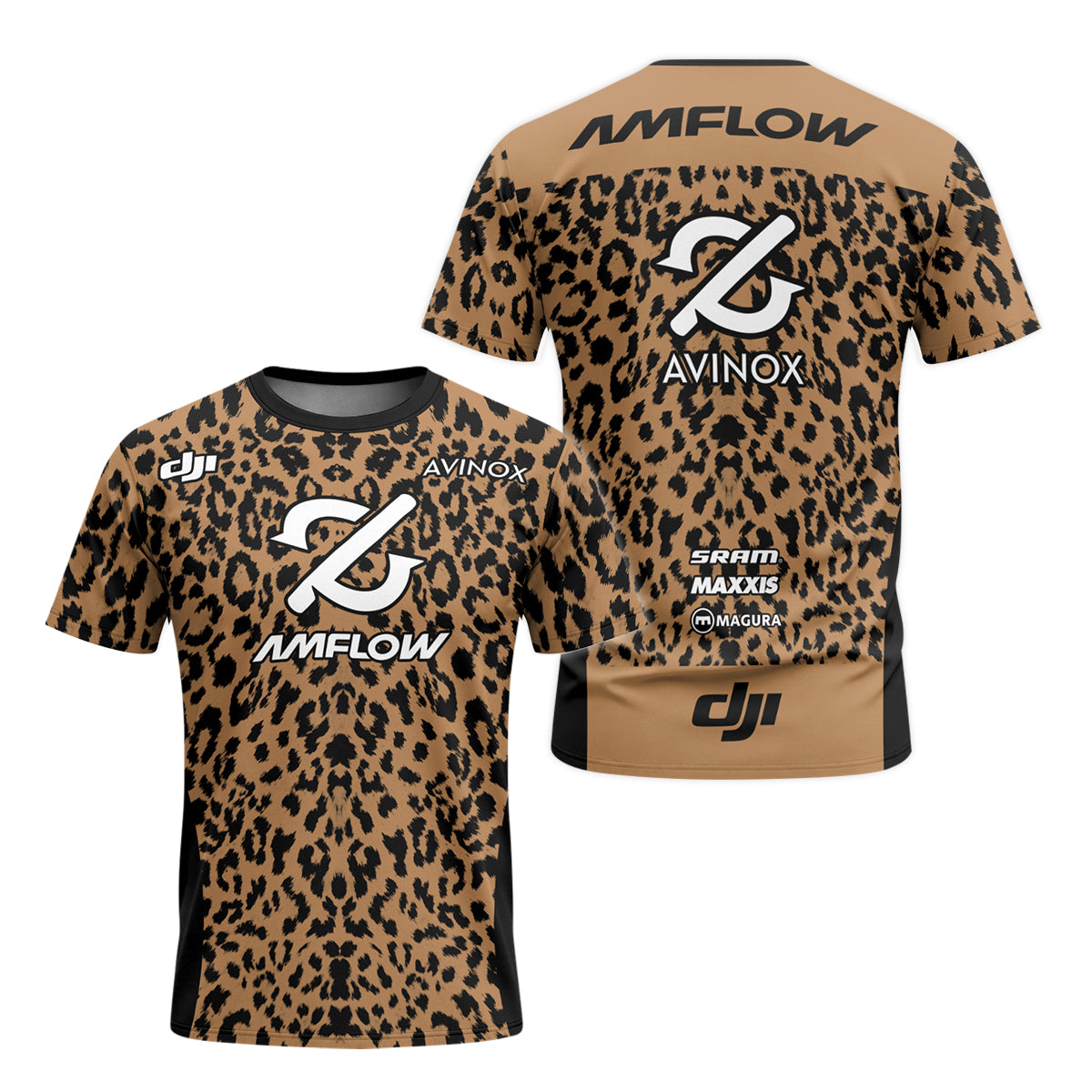 AMFLOW AVINOX Brown Black Leopard Youth Short Sleeve Mountain Bike Jersey – Front and Back View