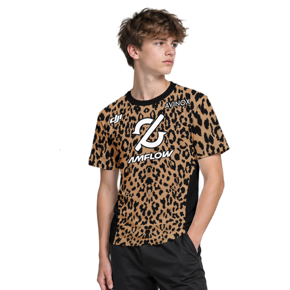 AMFLOW AVINOX Brown Black Leopard Youth Short Sleeve Mountain Bike Jersey – Boy Lifestyle View