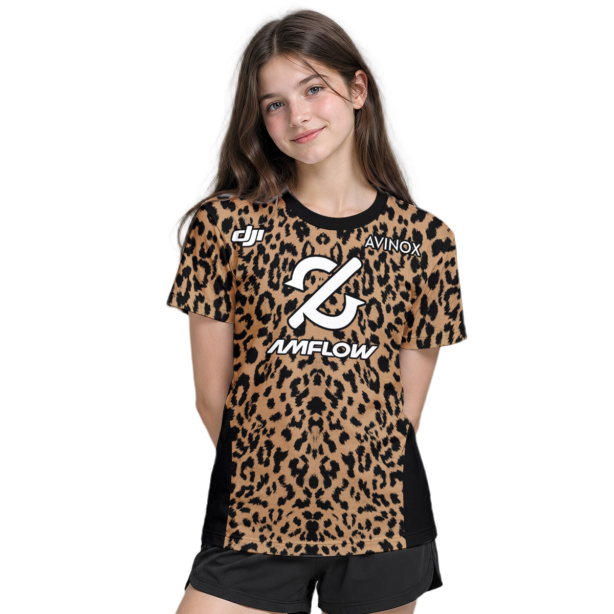 AMFLOW AVINOX Brown Black Leopard Youth Short Sleeve Mountain Bike Jersey – Girl Lifestyle View