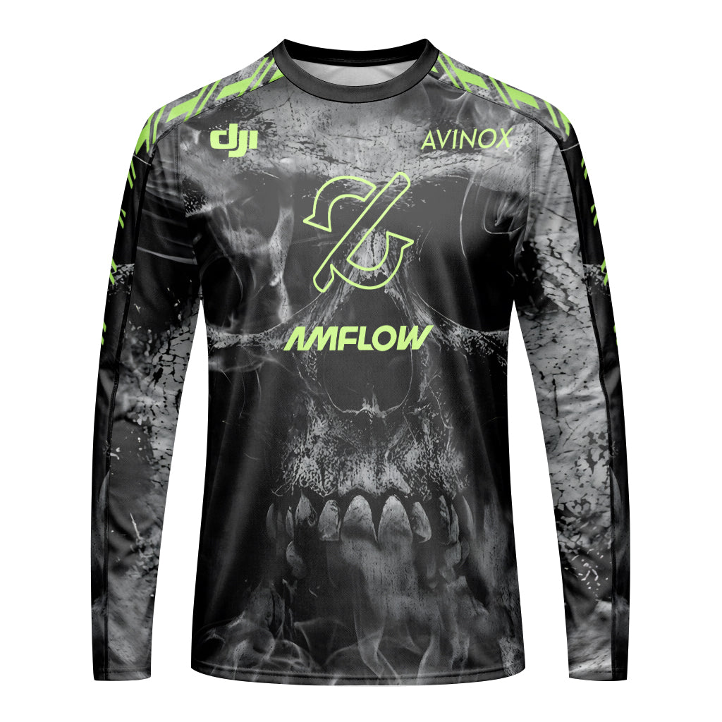 Amflow Avinox Skull Black Neon Green Long Sleeve Mountain Bike Jersey – Front View Mockup