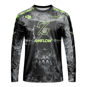 Amflow Avinox Skull Black Neon Green Long Sleeve Mountain Bike Jersey – Front View Mockup