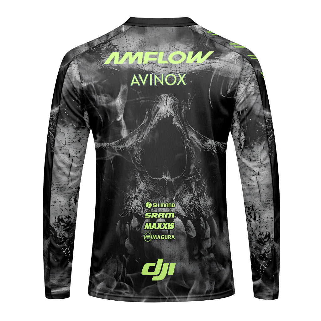 Amflow Avinox Skull Black Neon Green Long Sleeve Mountain Bike Jersey – Front View Mockup