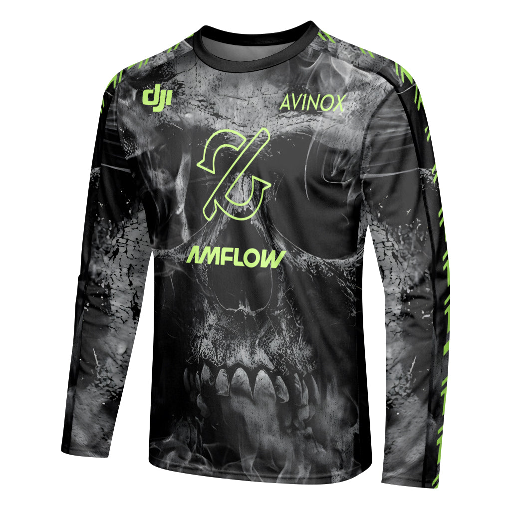 Amflow Avinox Skull Black Neon Green Long Sleeve Mountain Bike Jersey – Left Side View Mockup