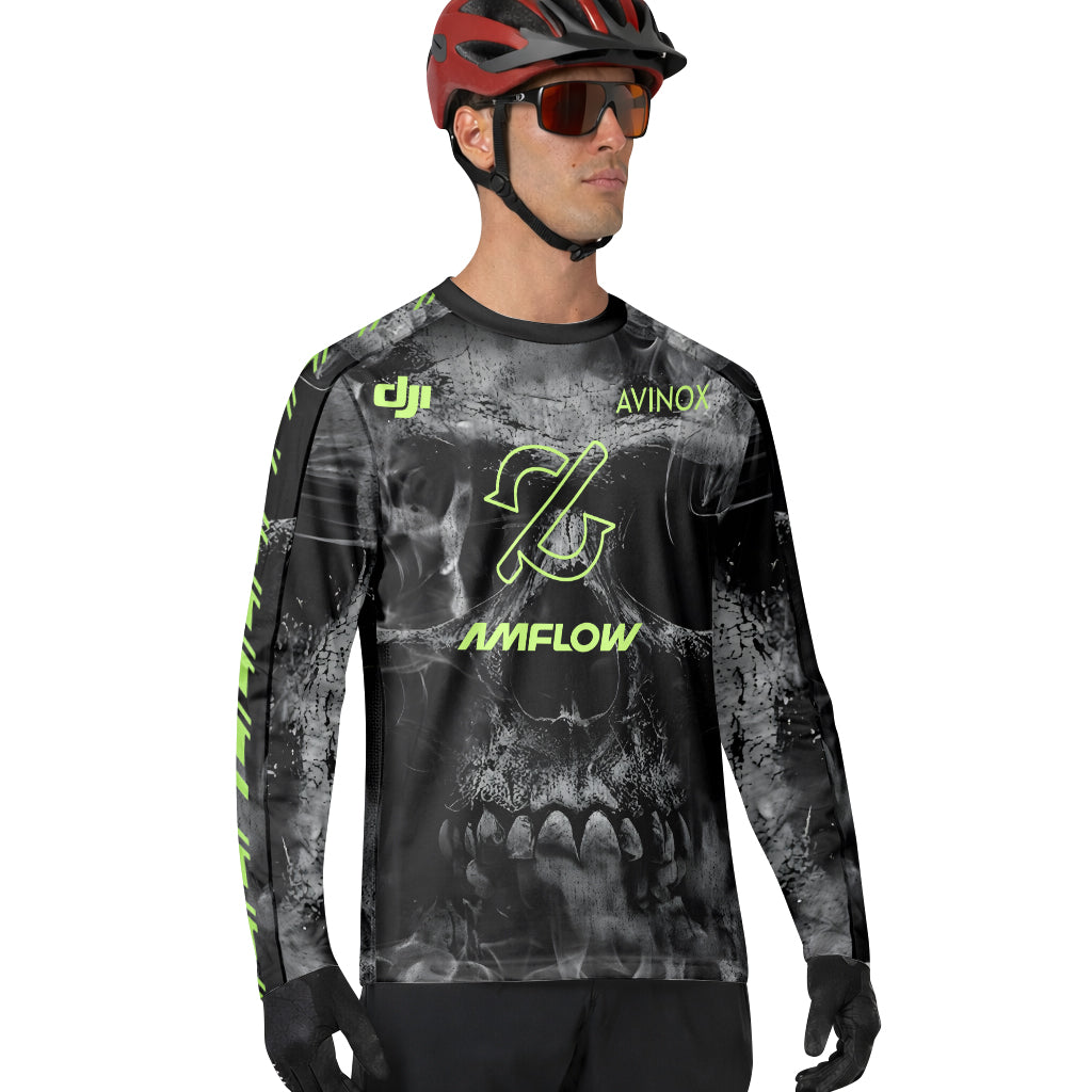 Amflow Avinox Skull Black Neon Green Long Sleeve Mountain Bike Jersey – Lifestyle View