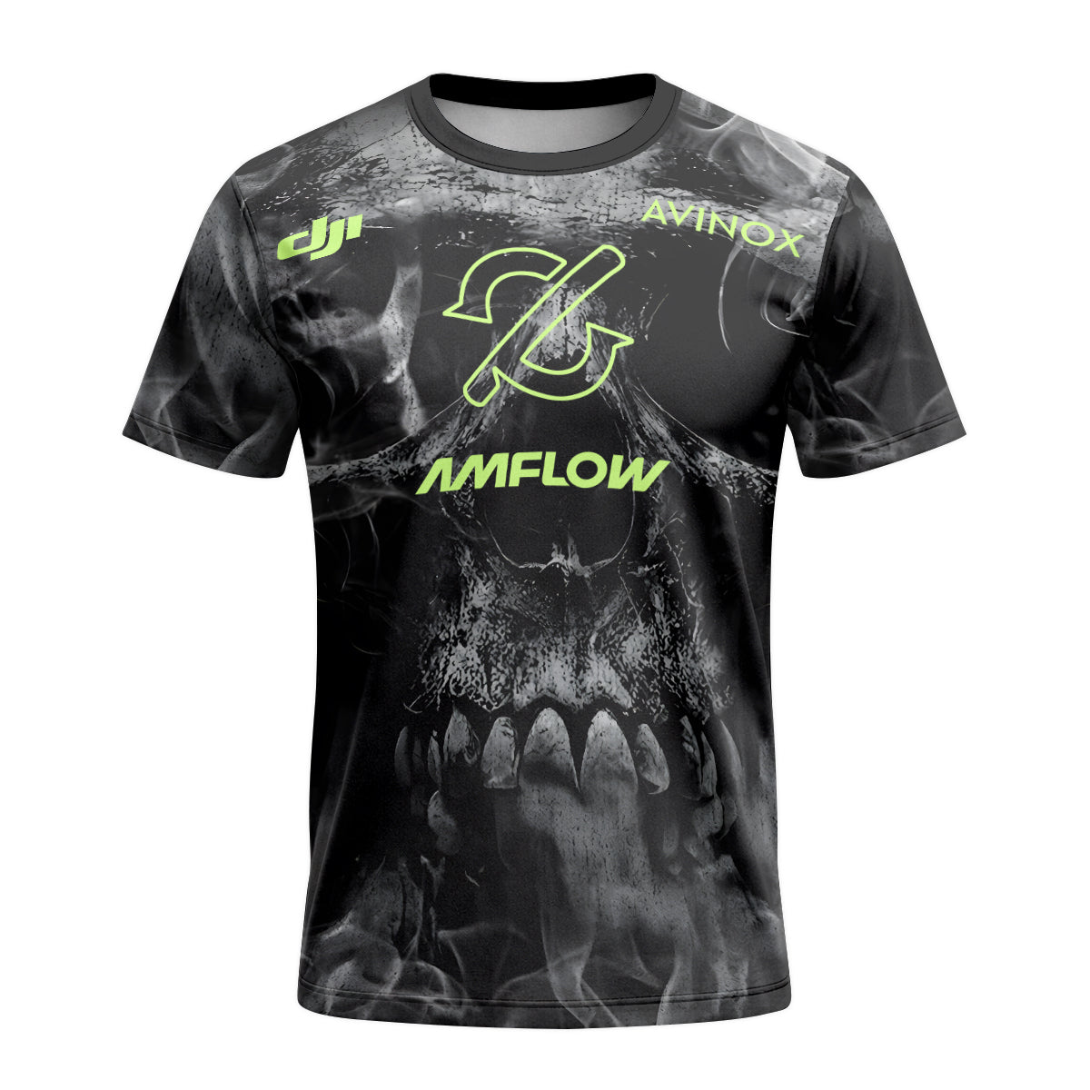 Amflow Avinox Skull Black Neon Green Short Sleeve Mountain Bike Jersey – Front View Mockup