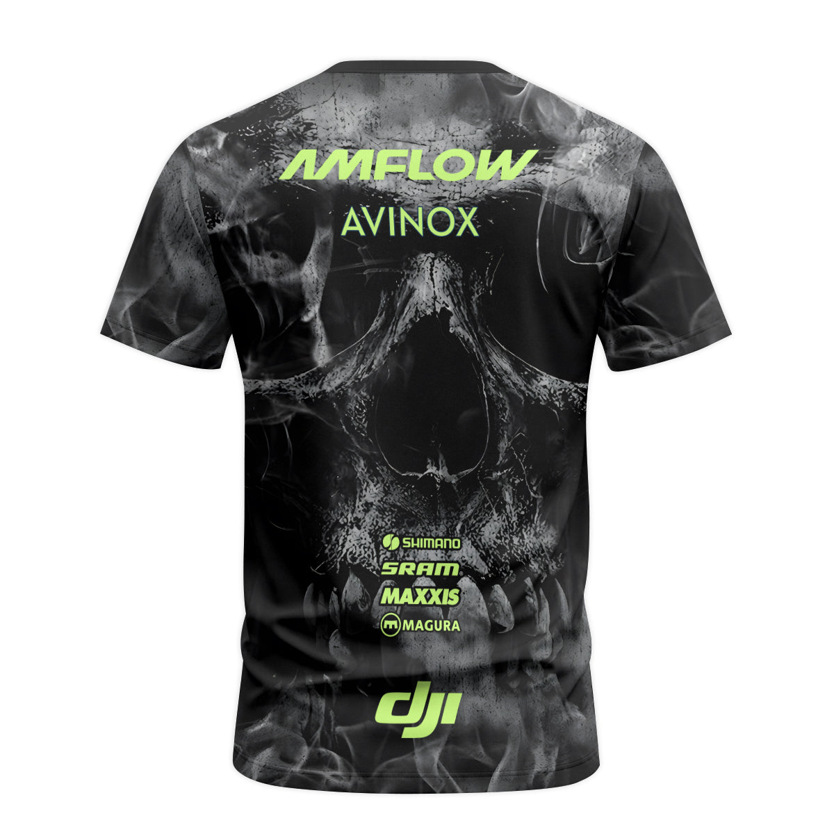Amflow Avinox Skull Black Neon Green Short Sleeve Mountain Bike Jersey – Back View Mockup