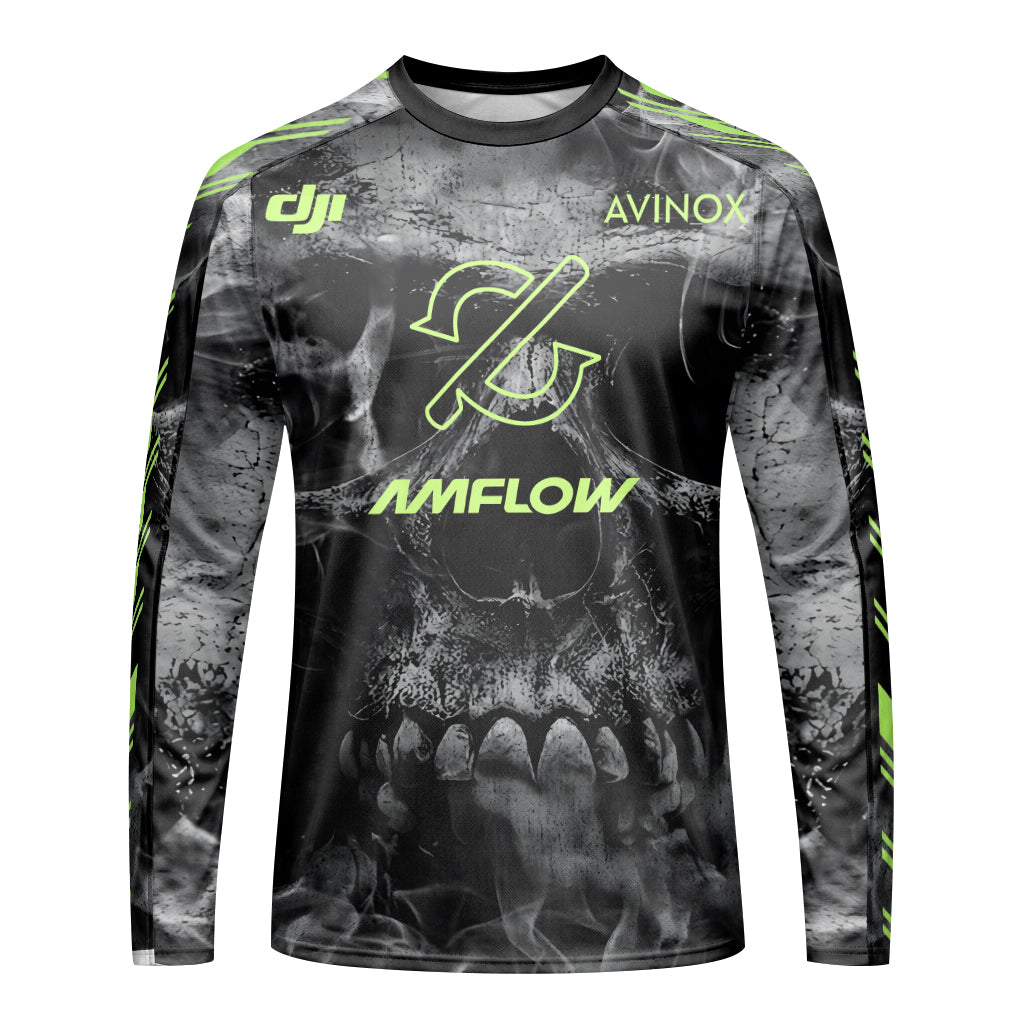 Amflow Avinox Skull Black Neon Green Youth Long Sleeve Mountain Bike Jersey – Front View Mockup