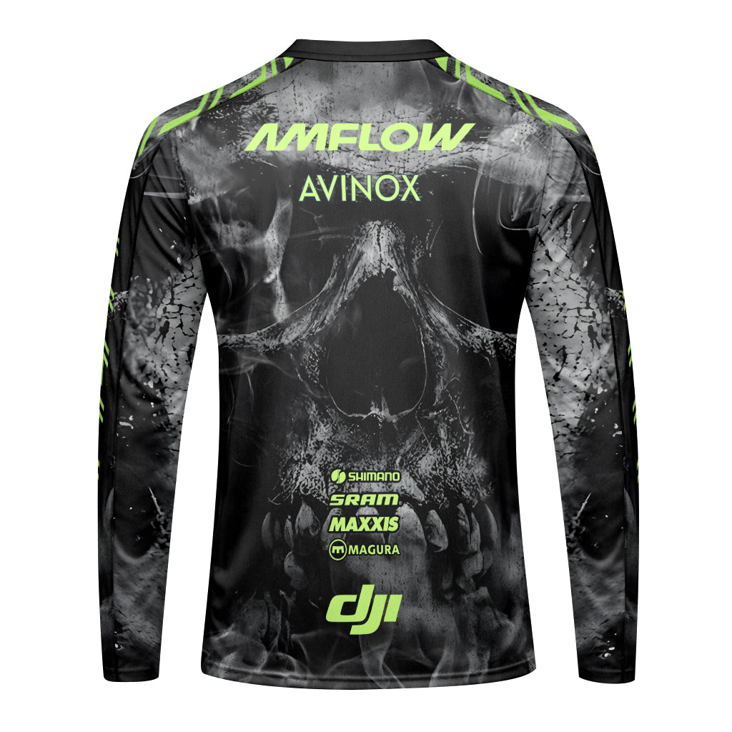 Amflow Avinox Skull Black Neon Green Youth Long Sleeve Mountain Bike Jersey – Back View Mockup