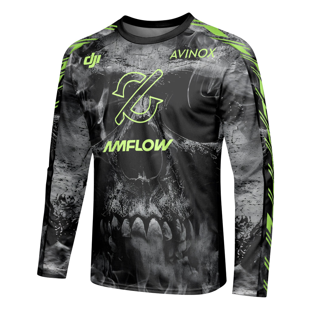 Amflow Avinox Skull Black Neon Green Youth Long Sleeve Mountain Bike Jersey – Left Side View Mockup