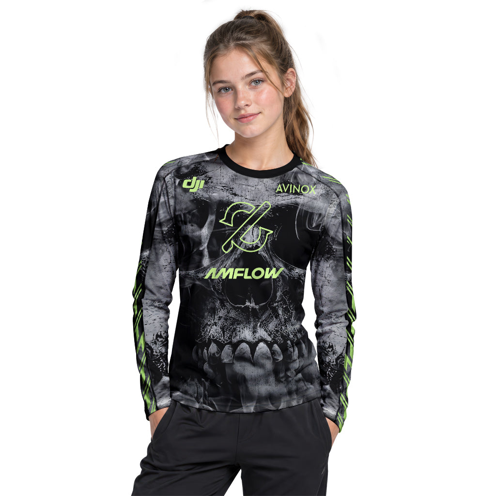 Amflow Avinox Skull Black Neon Green Youth Long Sleeve Mountain Bike Jersey – Girl Lifestyle View