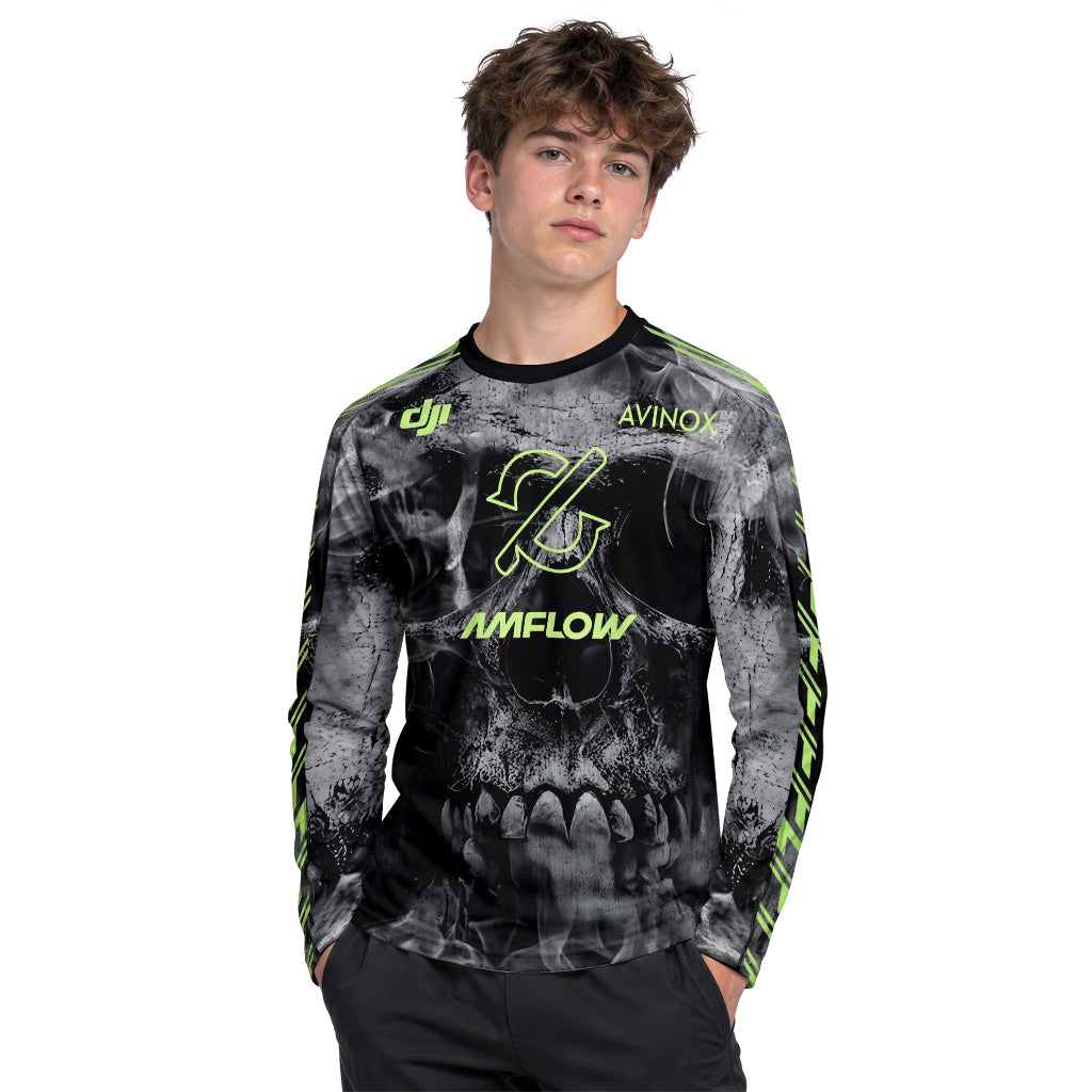 Amflow Avinox Skull Black Neon Green Youth Long Sleeve Mountain Bike Jersey – Girl Lifestyle View