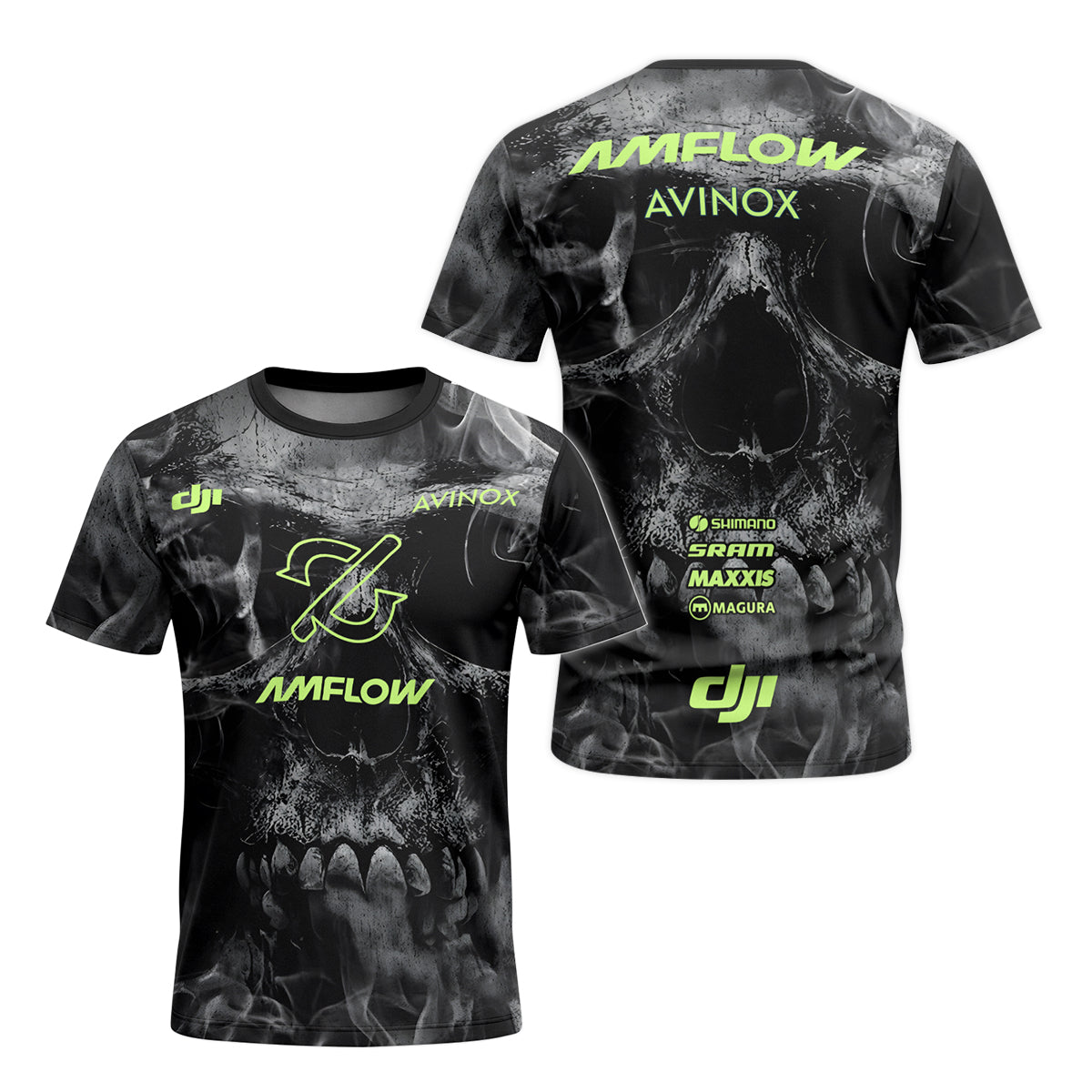 Amflow Avinox Skull Black Neon Green Youth Short Sleeve Mountain Bike Jersey – Front and Back View