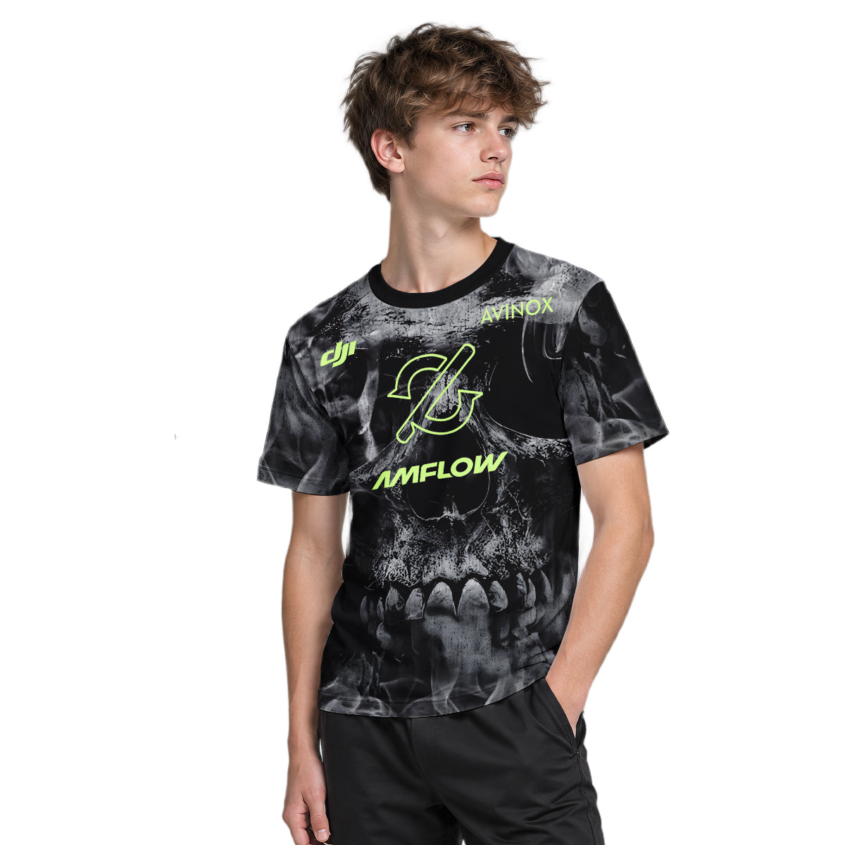 Amflow Avinox Skull Black Neon Green Youth Short Sleeve Mountain Bike Jersey – Boy Lifestyle View