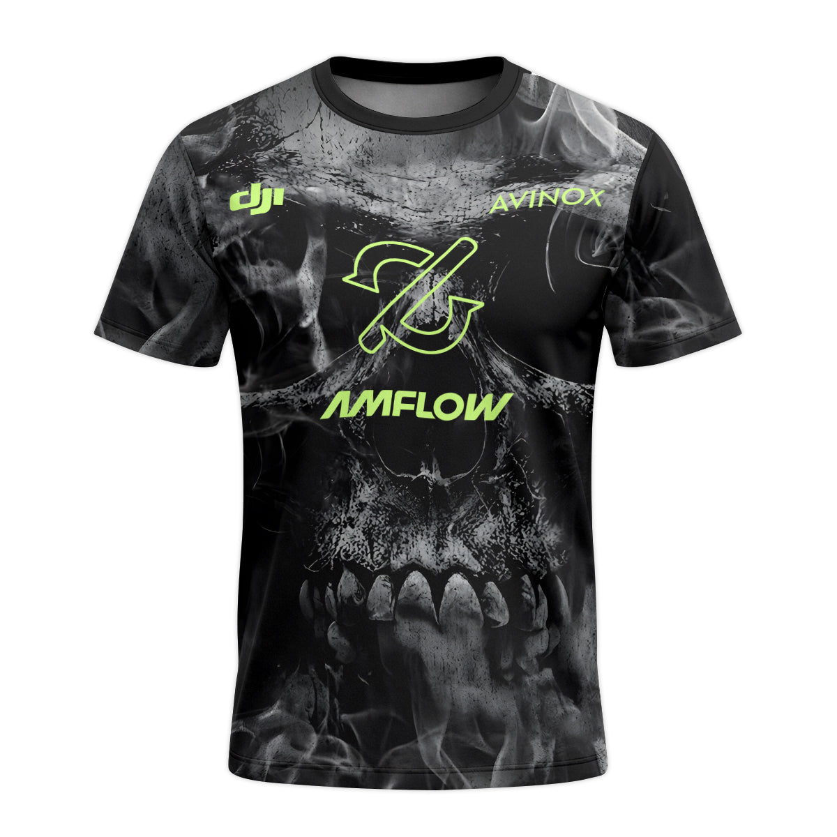 Amflow Avinox Skull Black Neon Green Youth Short Sleeve Mountain Bike Jersey – Front View Mockup