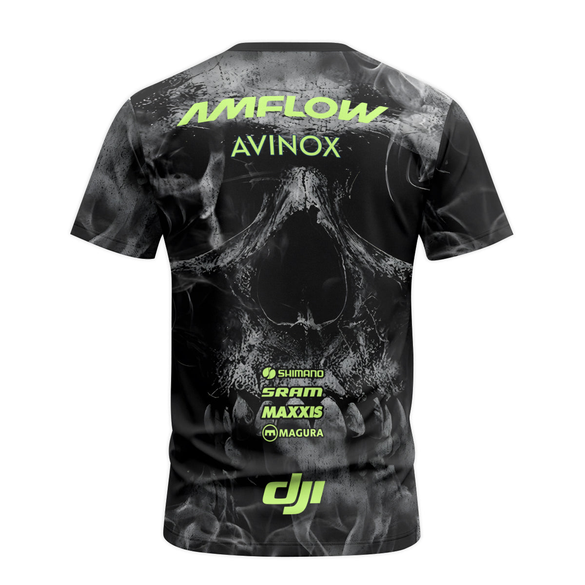 Amflow Avinox Skull Black Neon Green Youth Short Sleeve Mountain Bike Jersey – Back View Mockup
