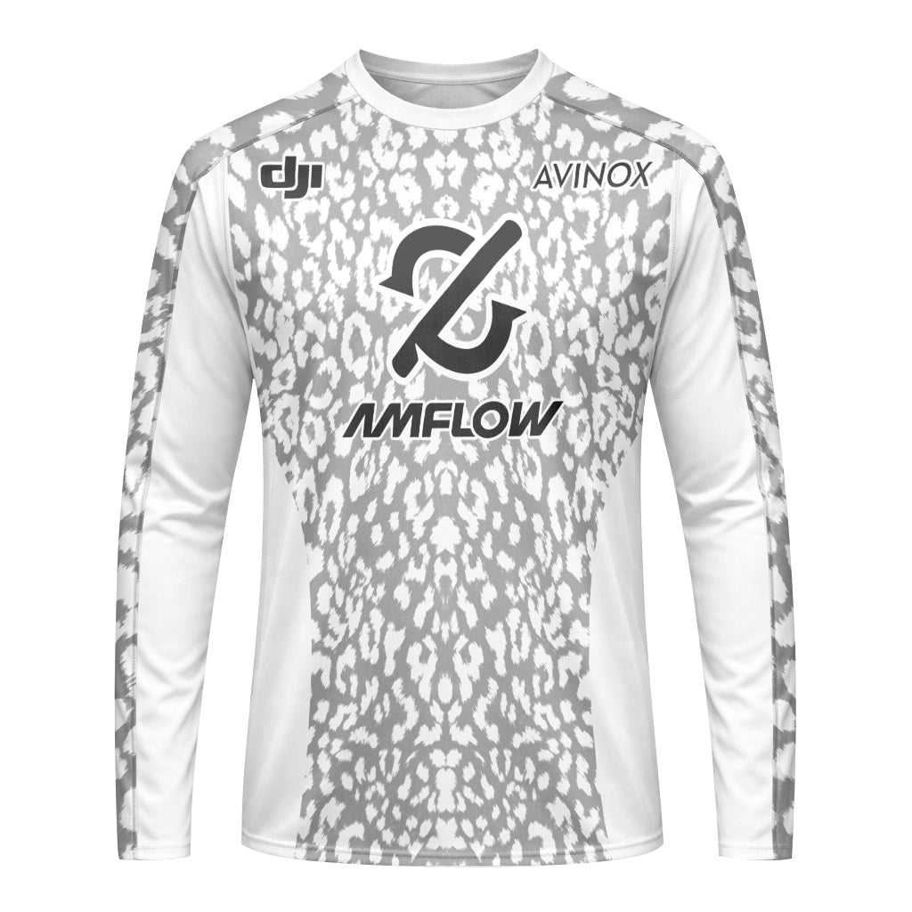 AMFLOW AVINOX White Gray Leopard Long Sleeve Mountain Bike Jersey – Front View Mockup