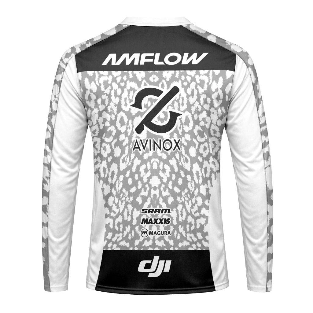 AMFLOW AVINOX White Gray Leopard Long Sleeve Mountain Bike Jersey – Back View Mockup